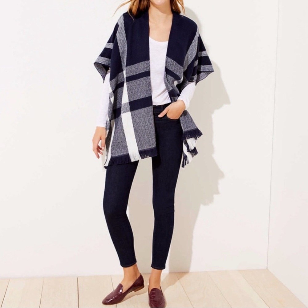 Loft navy and white plaid poncho